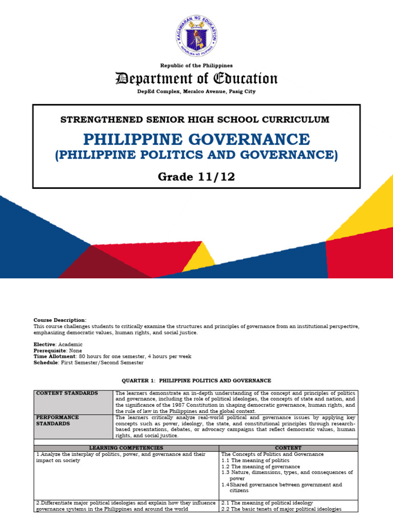 Grade 11 Philippine Politics Curriculum | PDF | Governance | Separation ...
