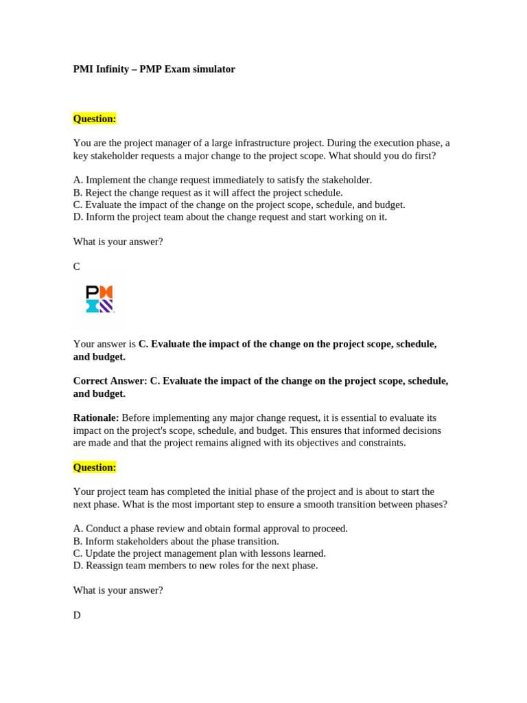 PMP Exam Simulator: Key Project Management Scenarios | PDF | Agile ...