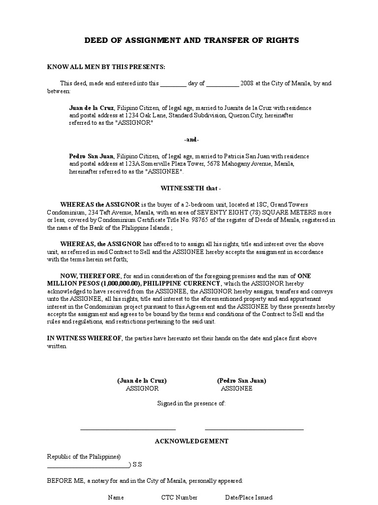 Deed of Assignment and Transfer of Rights Assignment (Law) Manila