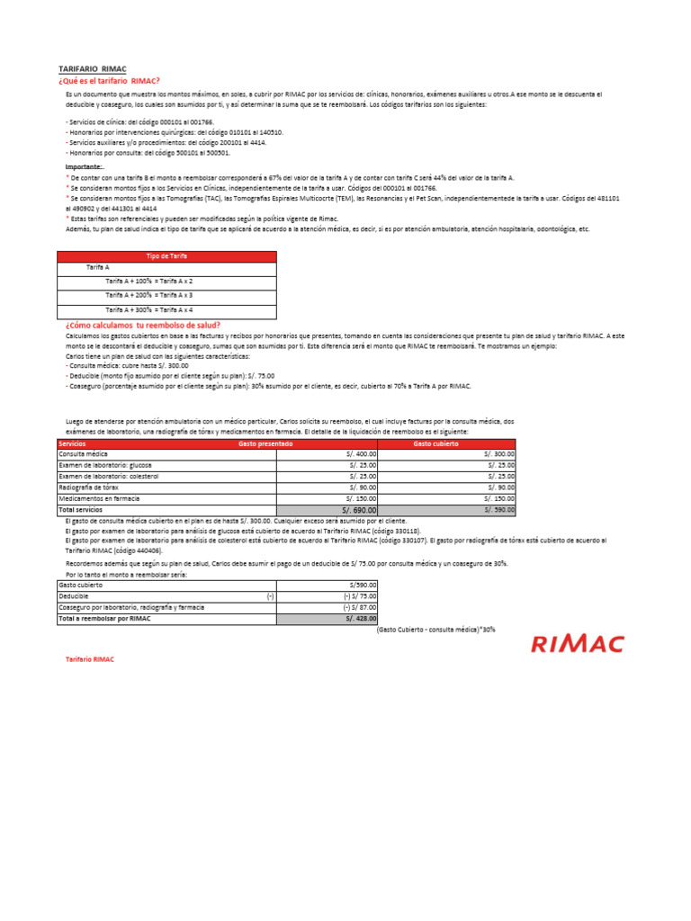 Reembolso de Salud: Tarifas y Cálculos RIMAC | PDF | Angiografía ...