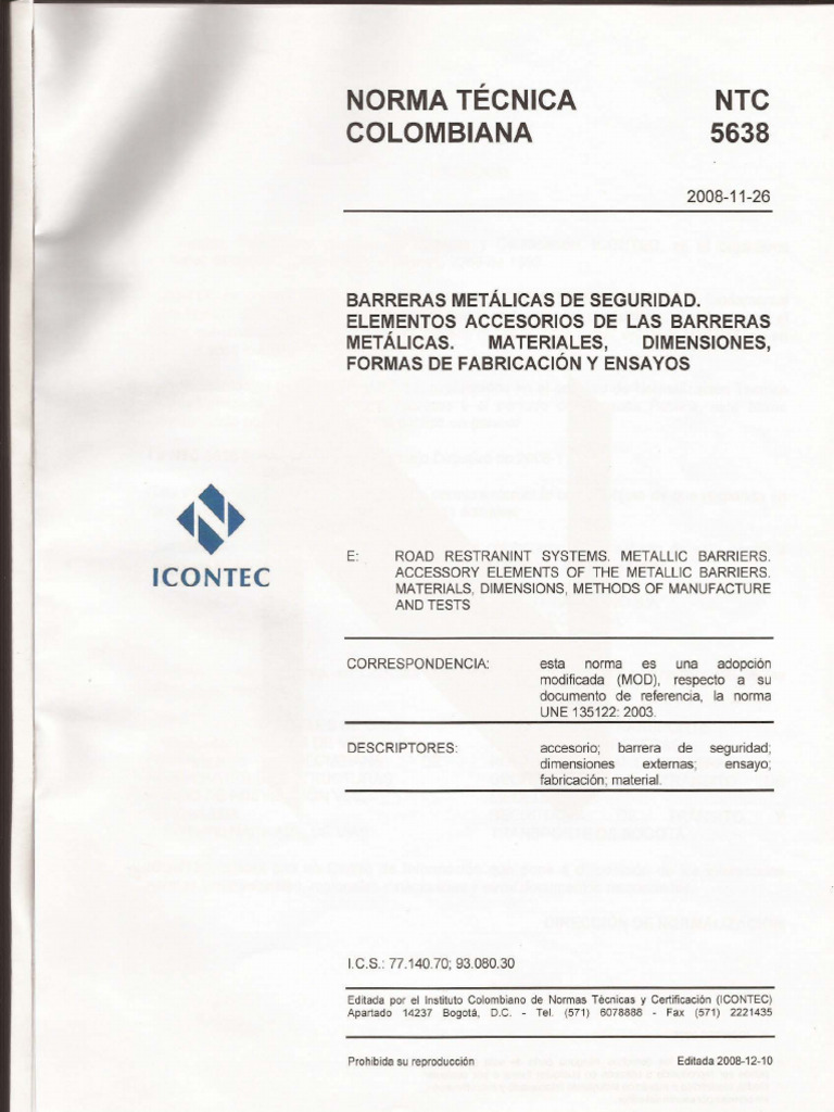 Barreras Metálicas de Seguridad NTC 5638 | PDF | Tornillo | Estandarización