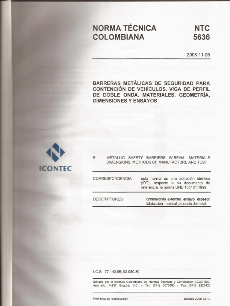 NTC 5636: Barreras Metálicas de Seguridad | PDF | Acero | Zinc