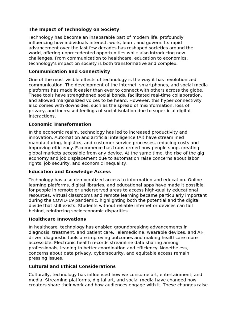 The Impact of Technology On Society | PDF | Health Care | Artificial ...