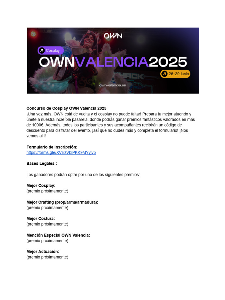 Bases - Concurso de Cosplay OWN Valencia 2025 | PDF | Cosplay