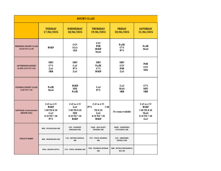 Doubt Class Time Table 17 June To 21 June | PDF