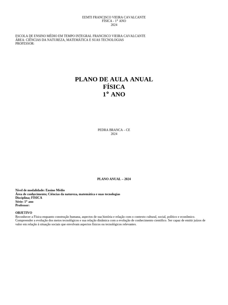 Plano Anual de Física - 1º Ano 2024 | PDF | Física | Cinemática