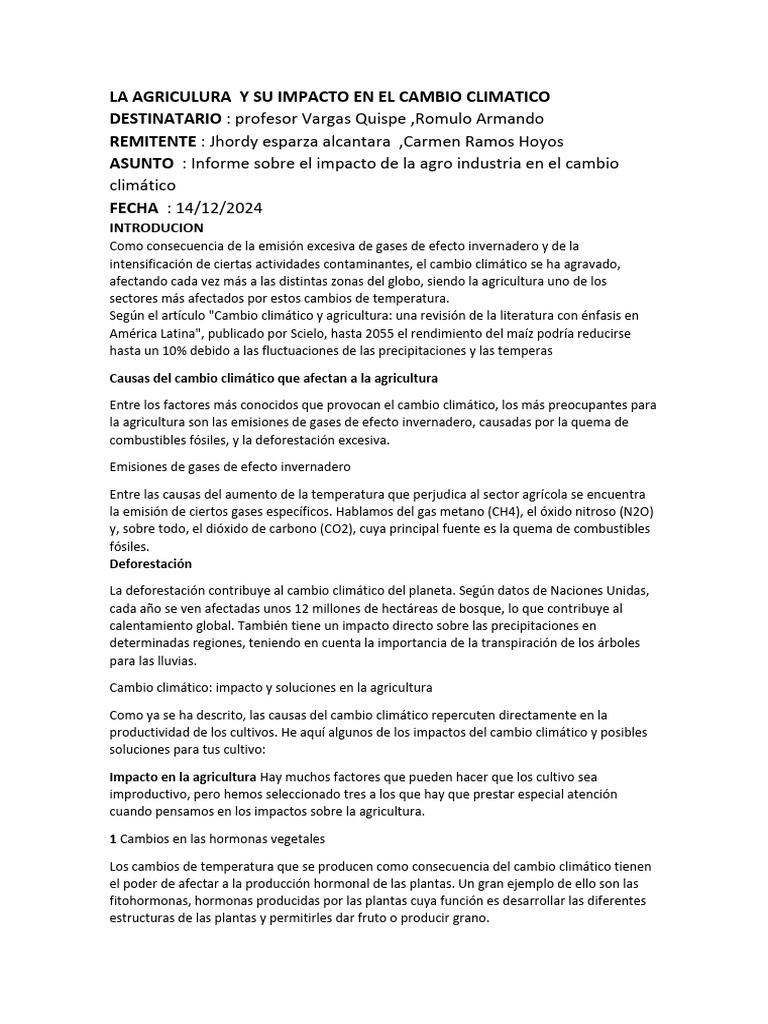 La Agriculura y Su Impacto en El Cambio Climatico Destinatario | PDF ...