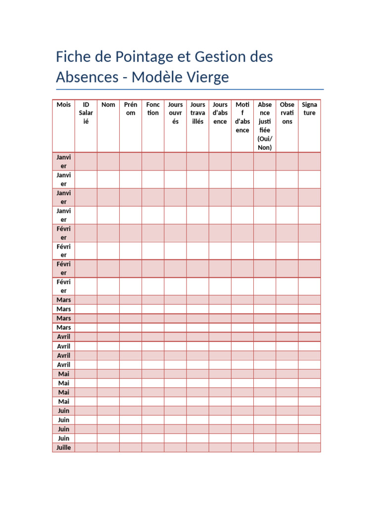 Modèle de Feuille de Pointage Vierge | PDF