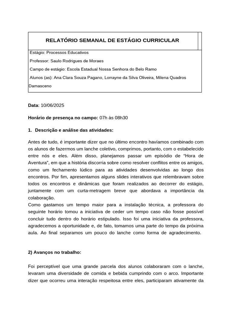 Relatório de Estágio em Educação Infantil | PDF