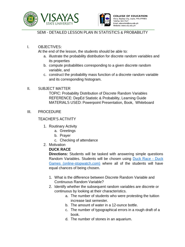 Discrete Random Variables Lesson Plan | PDF | Probability Distribution ...