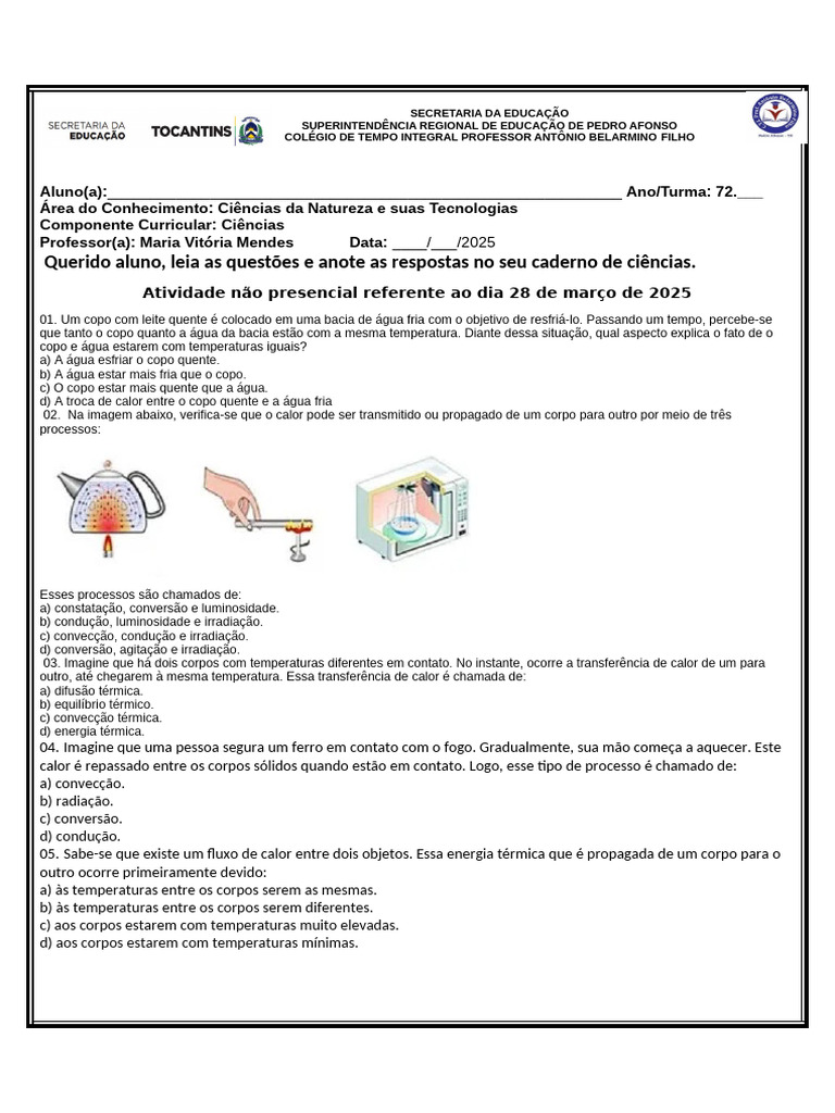 Questões sobre Calor e Temperatura 7º Ano | PDF