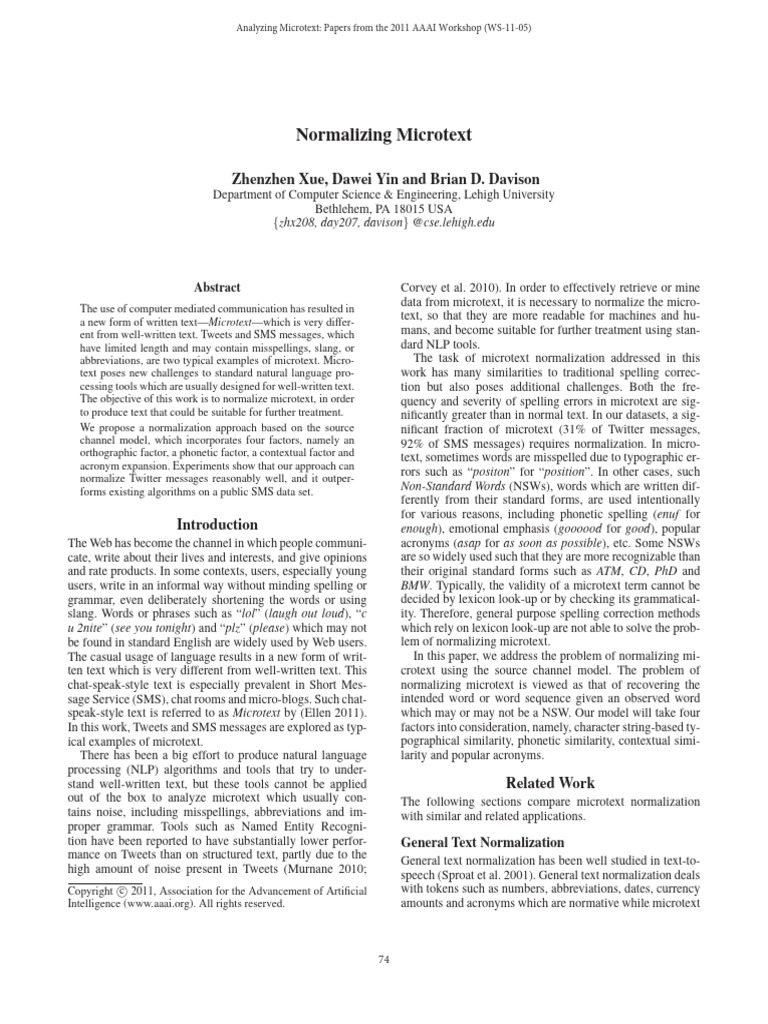 Zhenzen X, (2011) Normalizing Microtext, AAAI Workshop | PDF ...