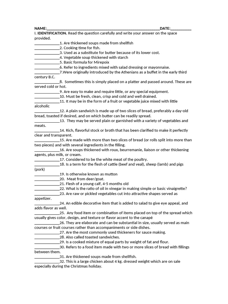 Culinary Knowledge Assessment Questions | PDF | Desserts | Soup