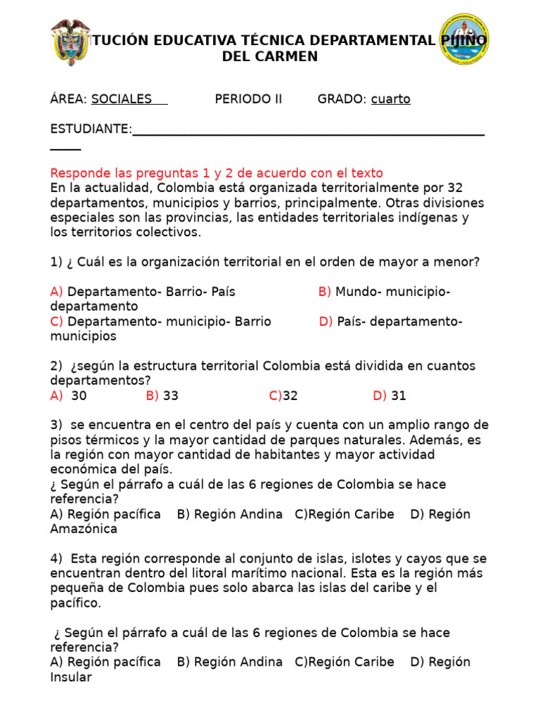 Evaluación de Sociales Grado Cuarto | PDF | Colombia | America latina