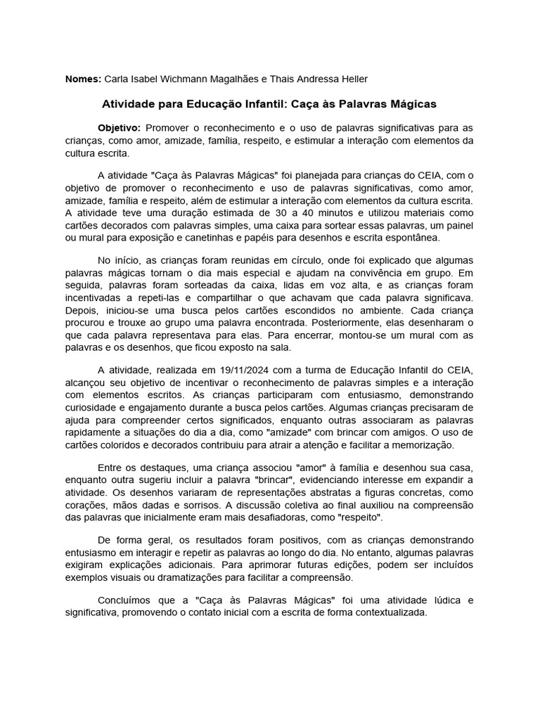 Caça às Palavras Mágicas na Educação Infantil | PDF | Família | Amizade