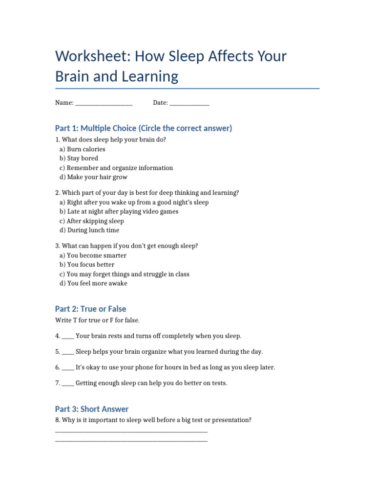 Sleep and Intelligence Worksheet Junior High | PDF
