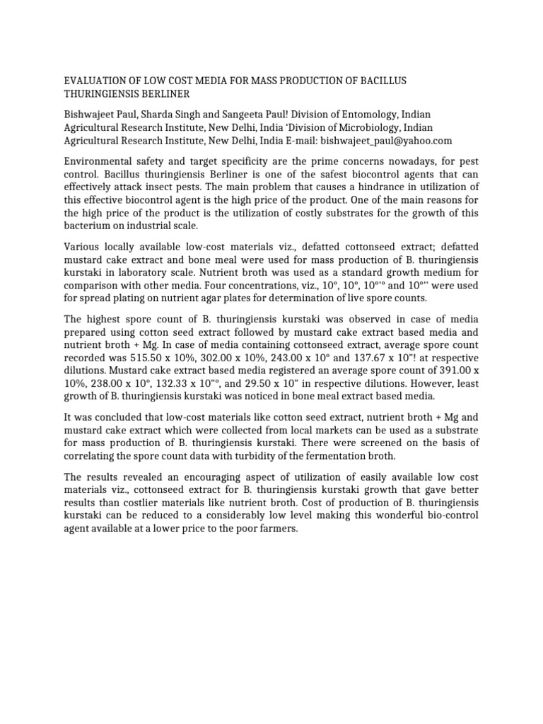 Abstract Evaluation of Low Cost Media For Bacillus | PDF | Cottonseed ...