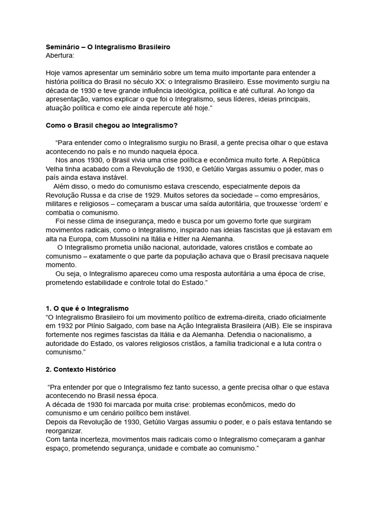 Integralismo Brasileiro: História e Impacto | PDF | Brasil | Comunismo