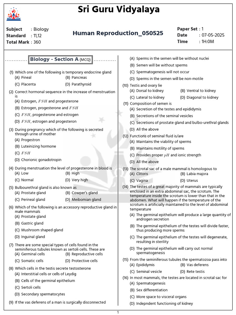 Human Reproduction Biology Exam Paper | PDF | Testicle | Menstrual Cycle