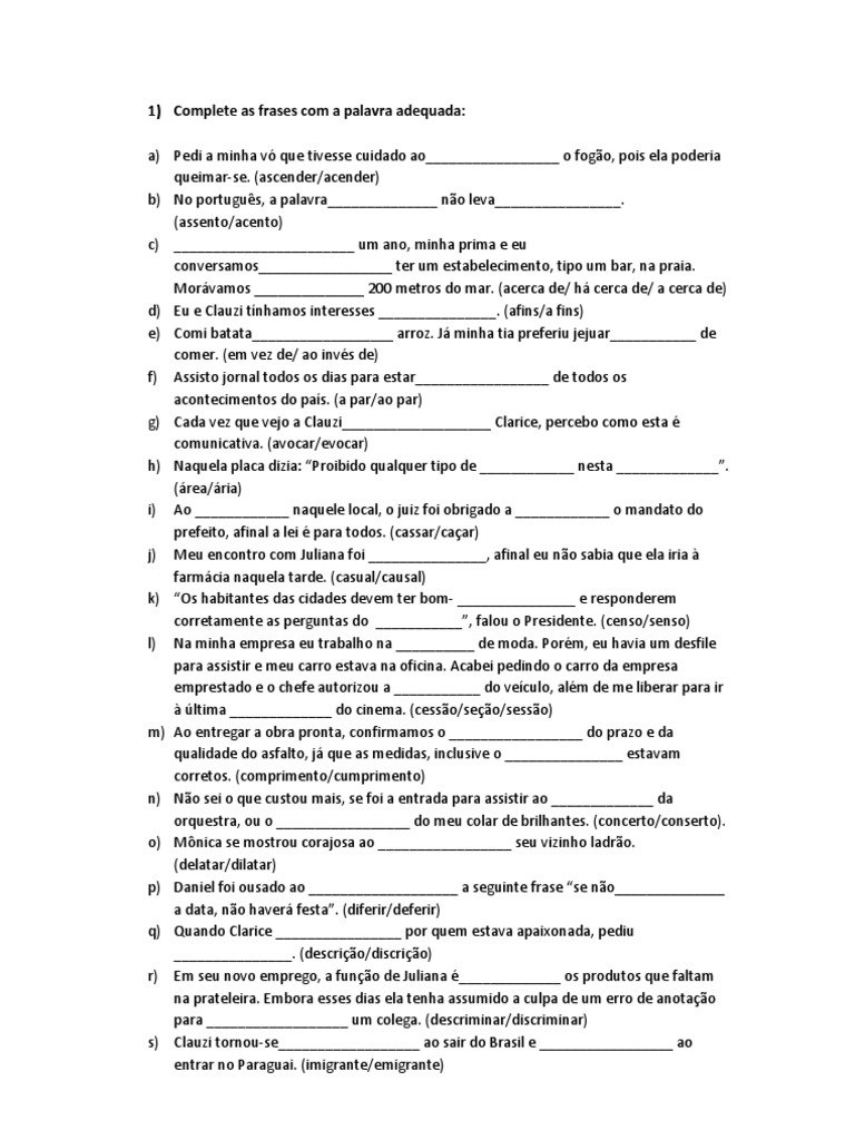 Complete As Frases Com A Palavra Adequada | PDF