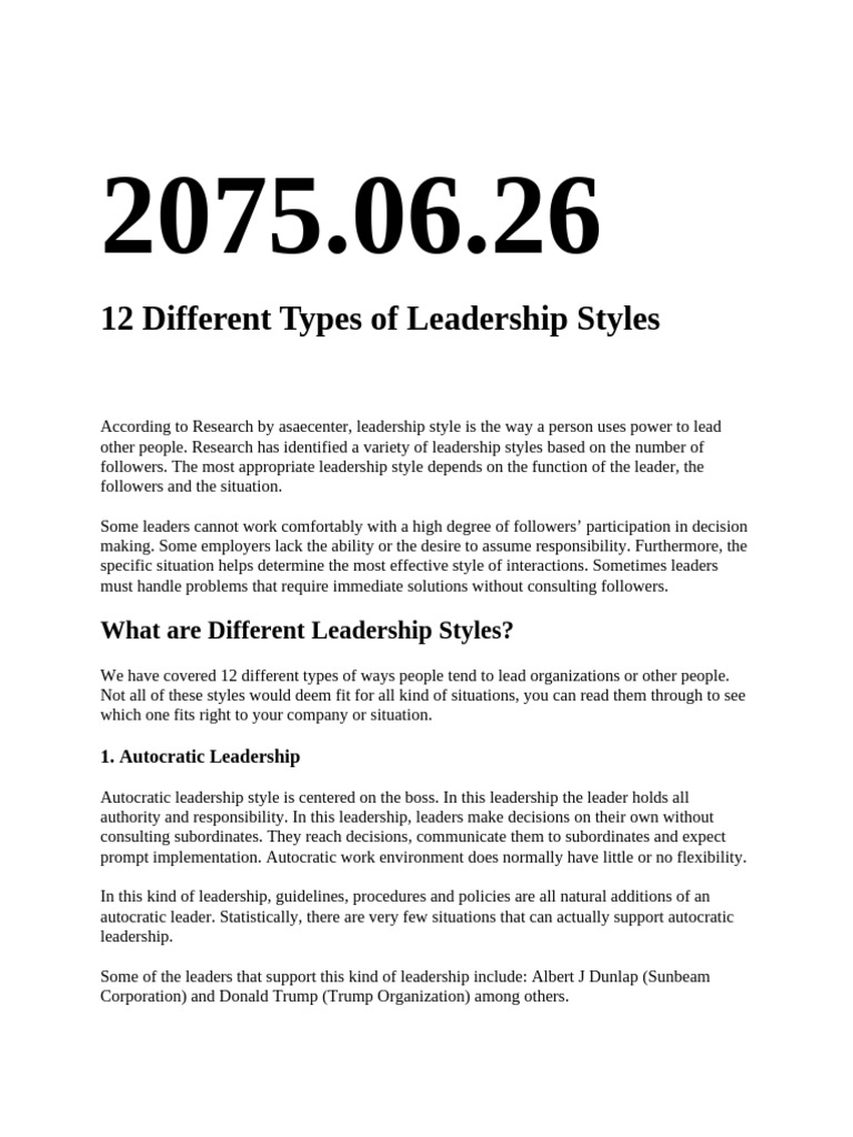 12 Leadership Styles Explained | PDF | Leadership | Transformational ...