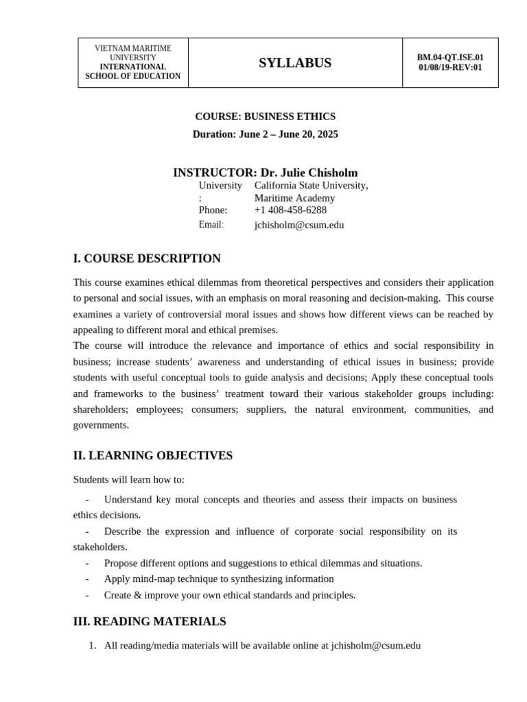 Business Ethics Course Syllabus 2025 | PDF | Business Ethics | Liberal ...