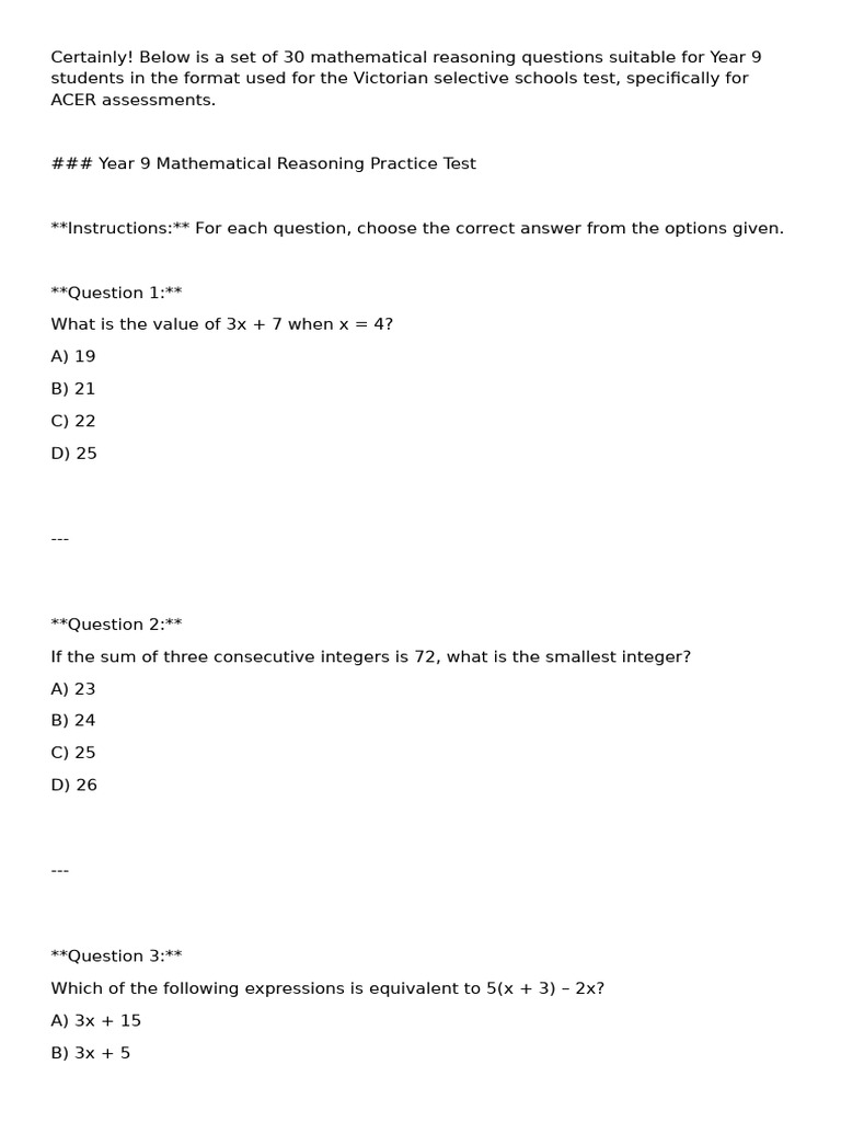 Year 9 Math Reasoning Test Questions | PDF | Mathematics | Elementary ...