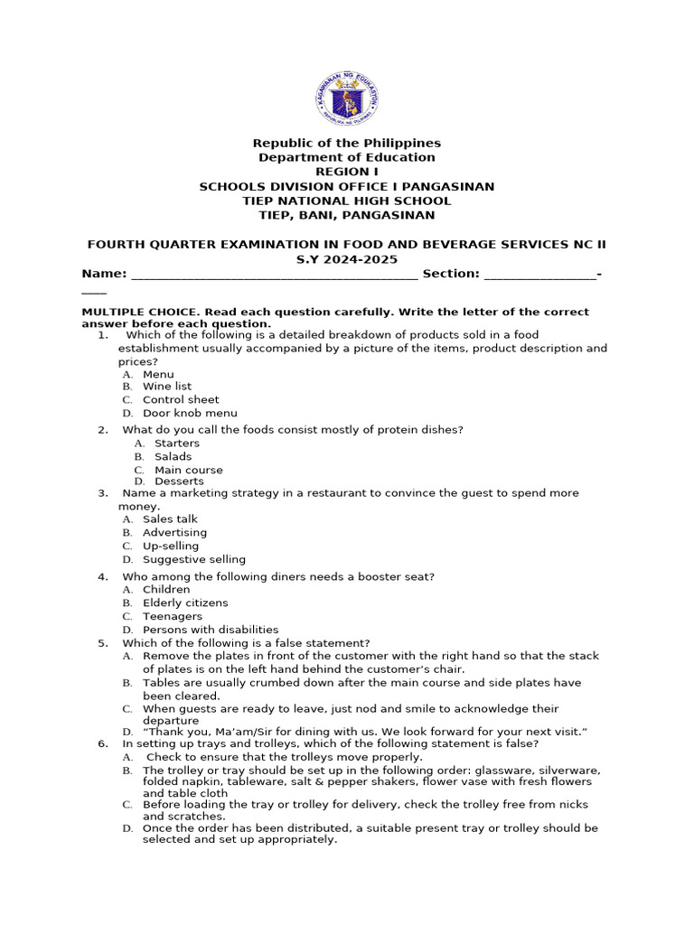Food and Beverage Services Exam Guide | PDF | Tableware | Restaurants