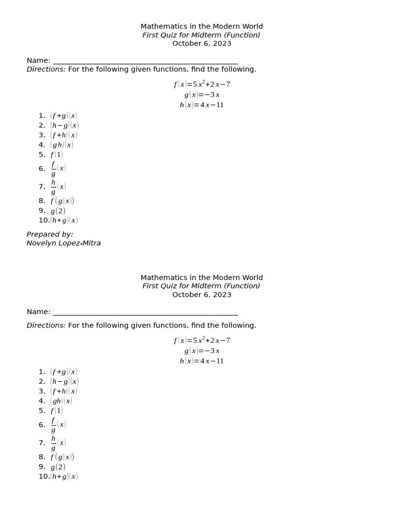 Function Operations Quiz for Midterms | PDF