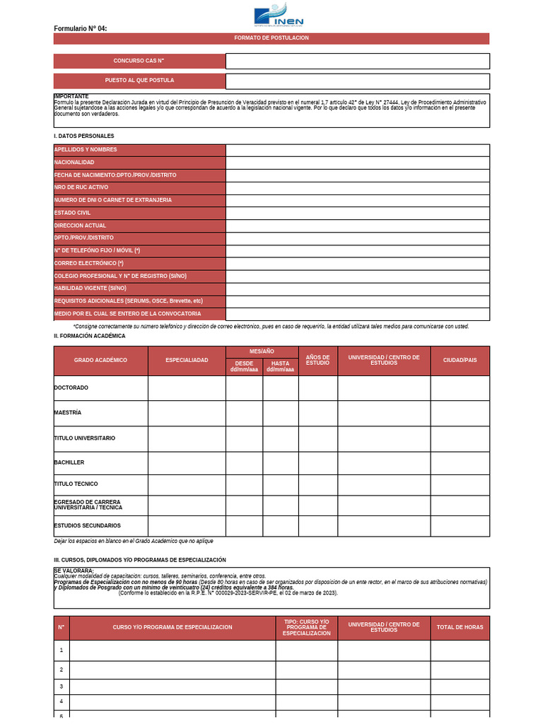 Formulario de Postulación para Concurso CAS | PDF | Titulo academico