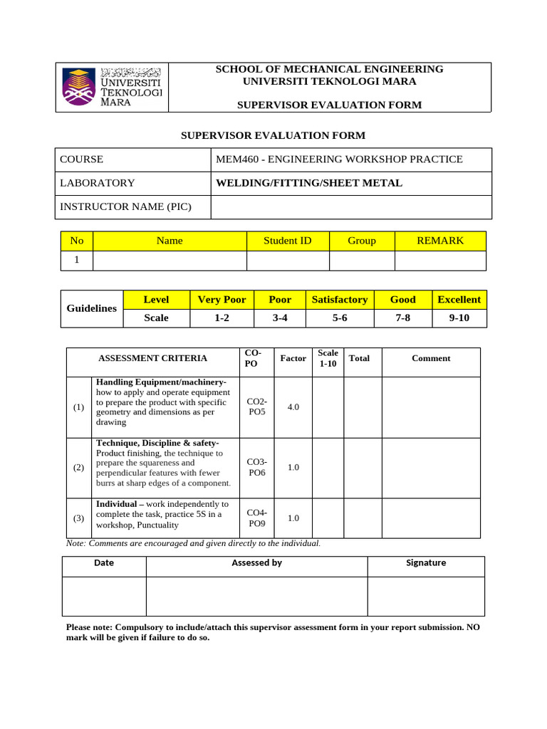 Supervisor Evaluation Form - Sheet Metal and Fitting 2 | PDF ...