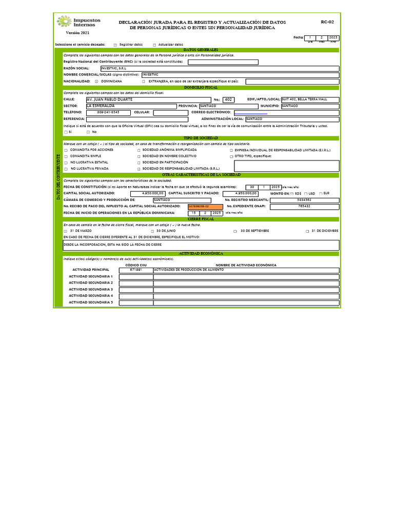Formulario RC-02: Registro E.I.R.L. | PDF