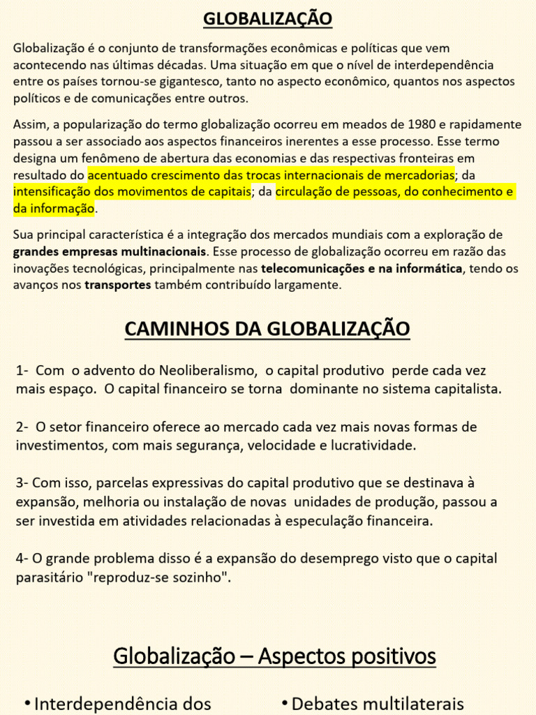 Aspectos Positivos e Negativos da Globalização | PDF | Globalização ...