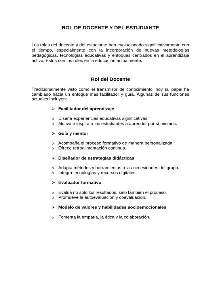 Roles Actuales del Docente y Estudiante | PDF | Enseñando | Aprendizaje