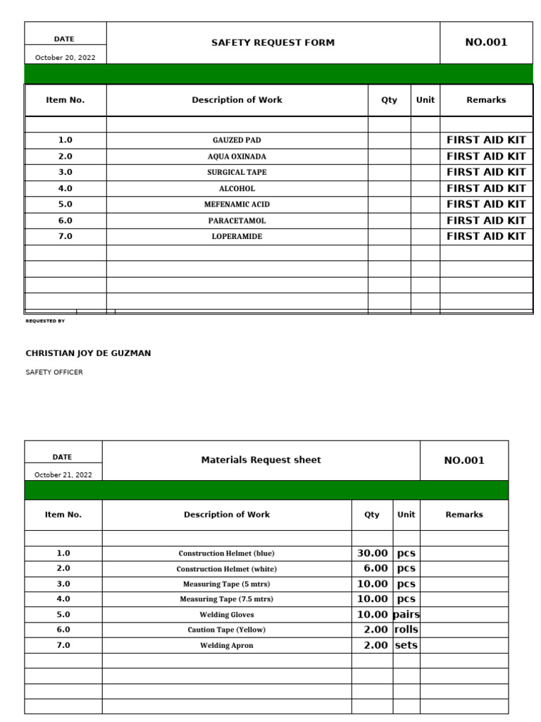 First Aid Kit Safety Request Form | PDF