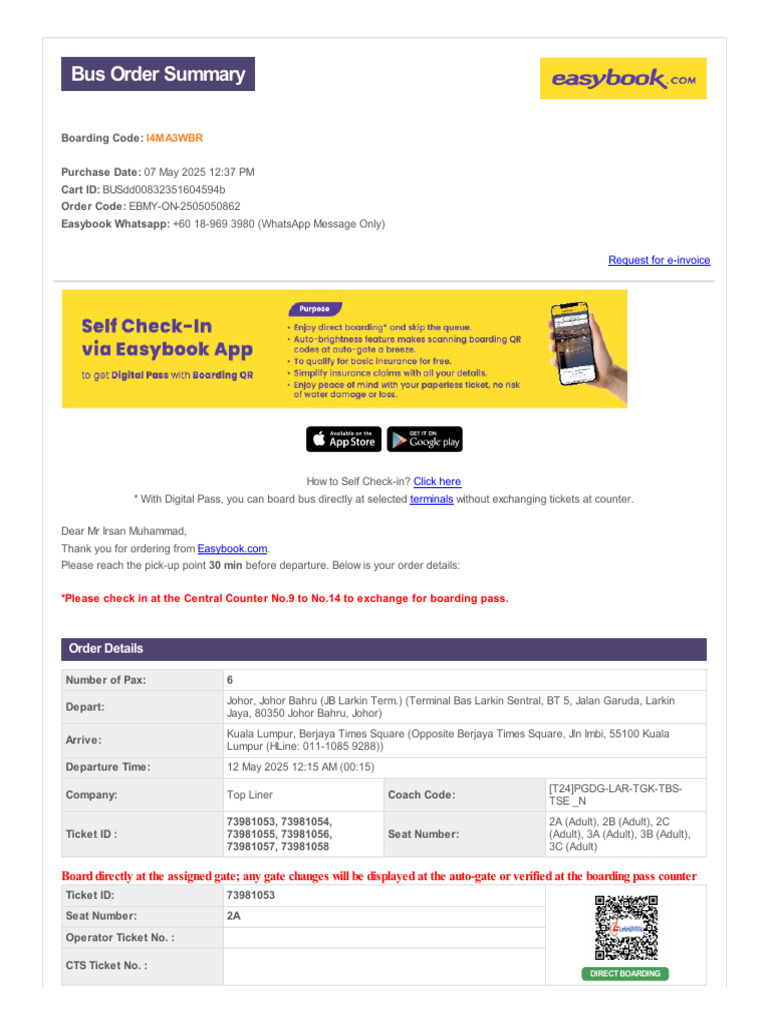 Easybook Bus Ticket Order Summary | PDF