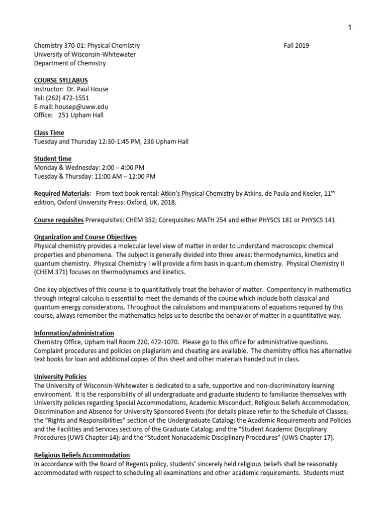 Chem 370: Physical Chemistry Syllabus | PDF | Physics | Physical Chemistry