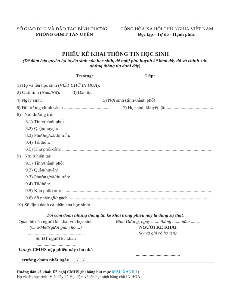 Phieu Ke Khai Thong Tin Truongmnngoisaotuthuc 2024 2025 | PDF