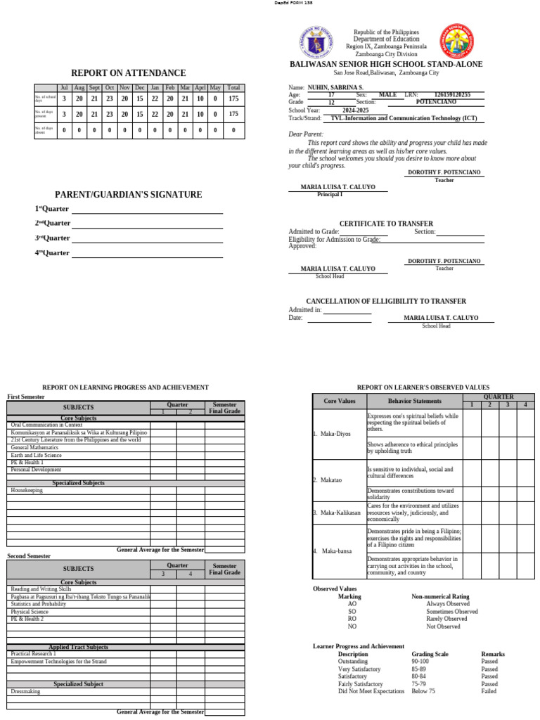 DepEd Form 138 Attendance Report | PDF