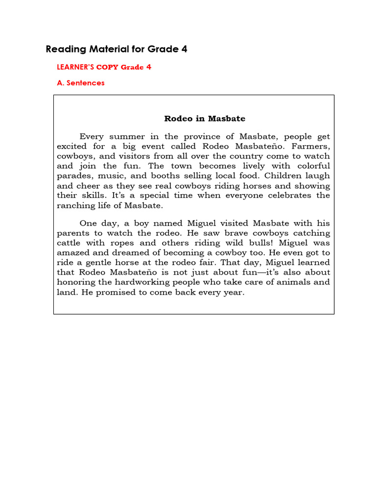 Rodeo Masbateño: Grade 4 Reading Guide | PDF | Cowboys | Rodeo