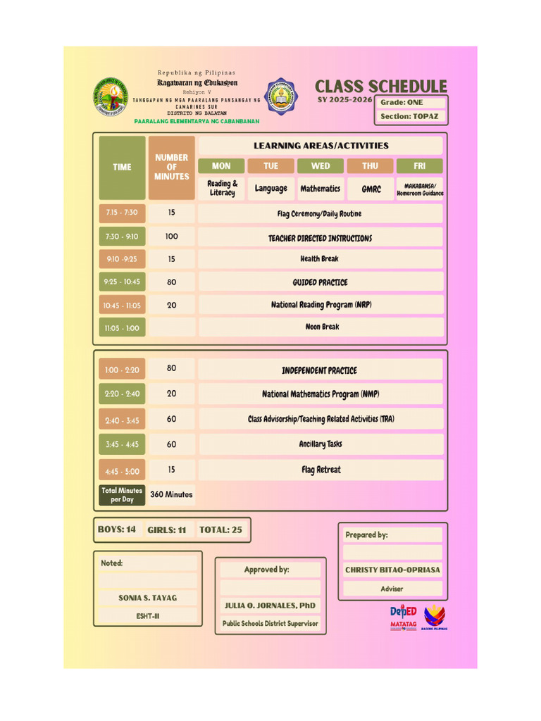 Class Program - G1 - Topaz (2025-2026) | PDF
