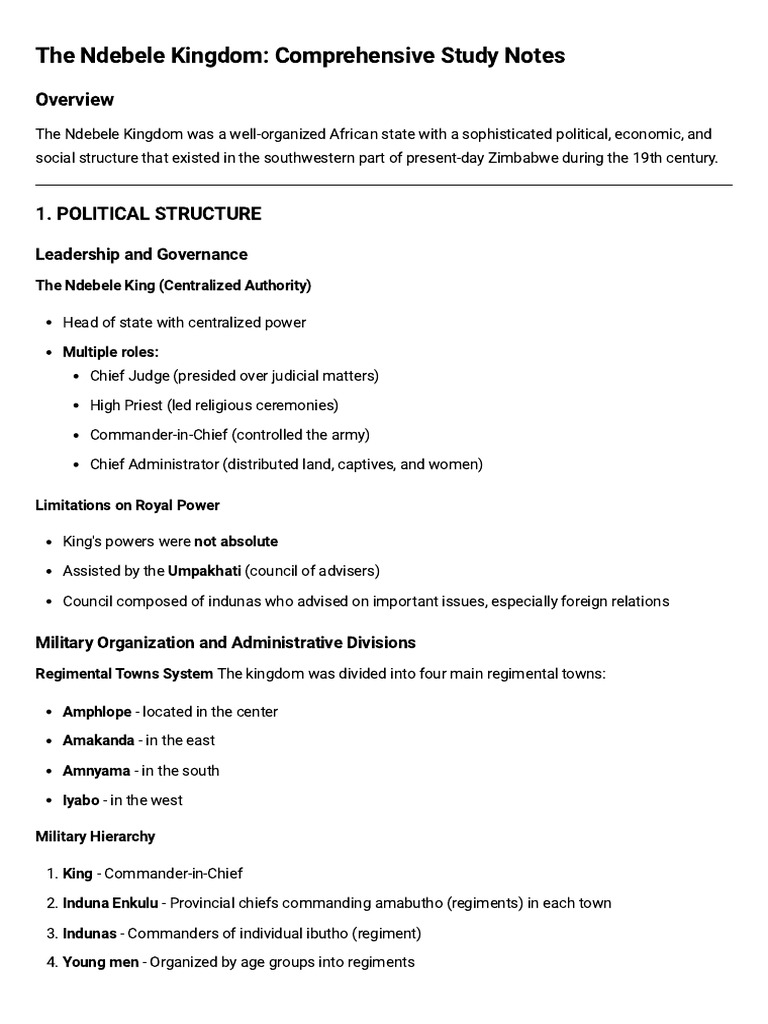 The Ndebele Kingdom - Comprehensive Study Notes | PDF | Agriculture