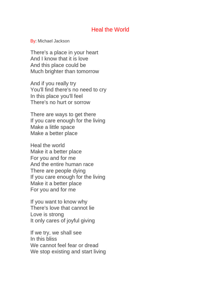 Heal The World Lyrics Year 6, 5 and 4 | PDF