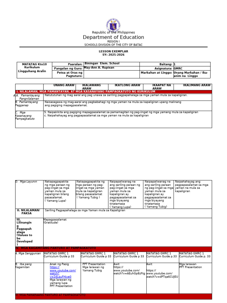Q1 GMRC Week 6 Lesson Exemplar | PDF