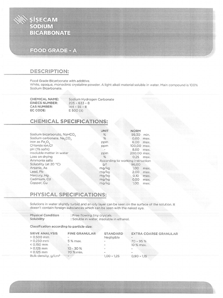Spesifikasi Sodium Hydrogen Carbonate | PDF