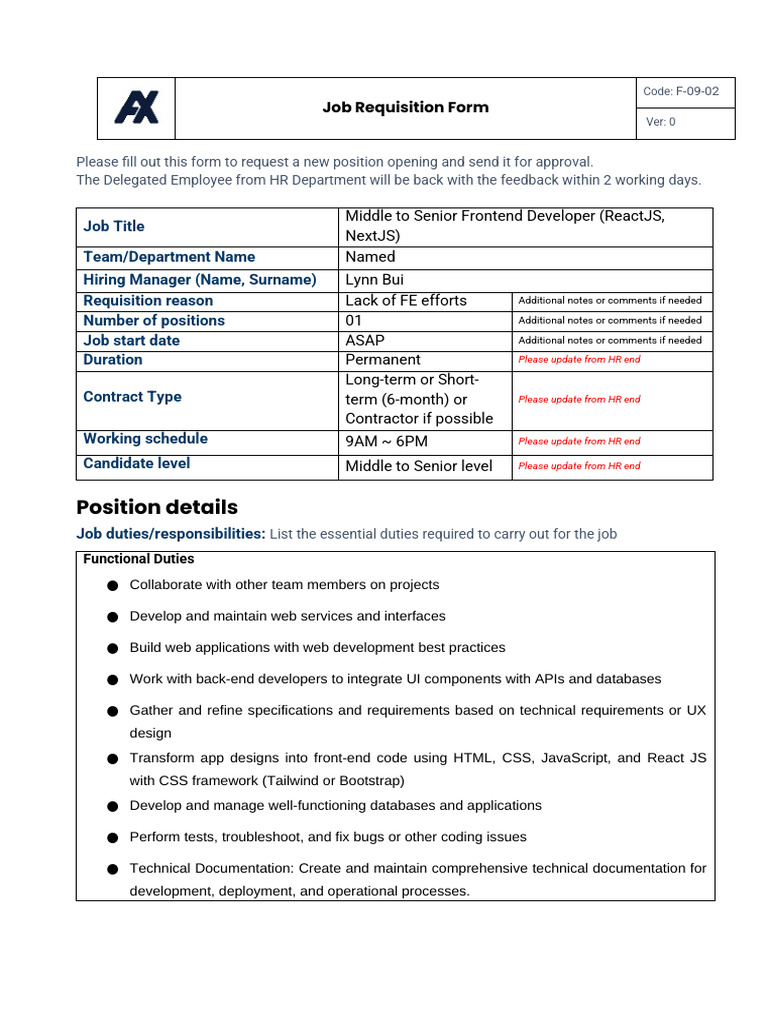 Job Requisition Form Middle To Senior Frontend Developer ReactJS | PDF ...