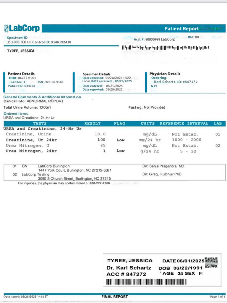 LabCorp 24-Hr Urine Test Results | PDF | Creatinine | Internal Medicine