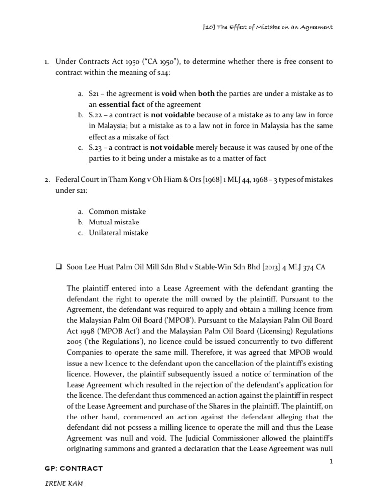 Mistakes in Malaysian Contract Law | PDF | Common Law | Civil Law ...