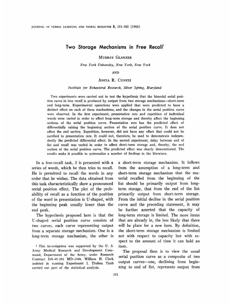 Glanzer And Cunitz 1966 Serial Position Effect Hypothesis