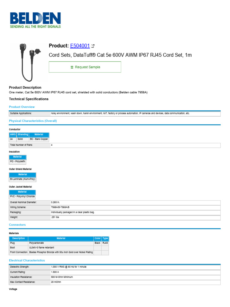 Cat 5e 600V AWM IP67 RJ45 Cord Set | PDF | Electrical Connector ...